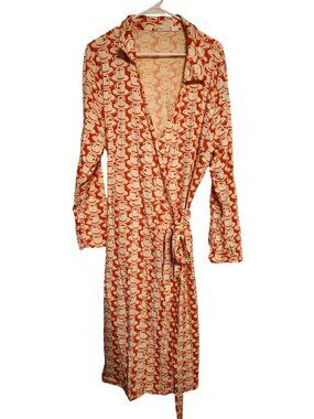 Joanie Size 18 Wrap Dress Orange Cream Coffee Cup Print Retro Vibes, Deep V-Neck